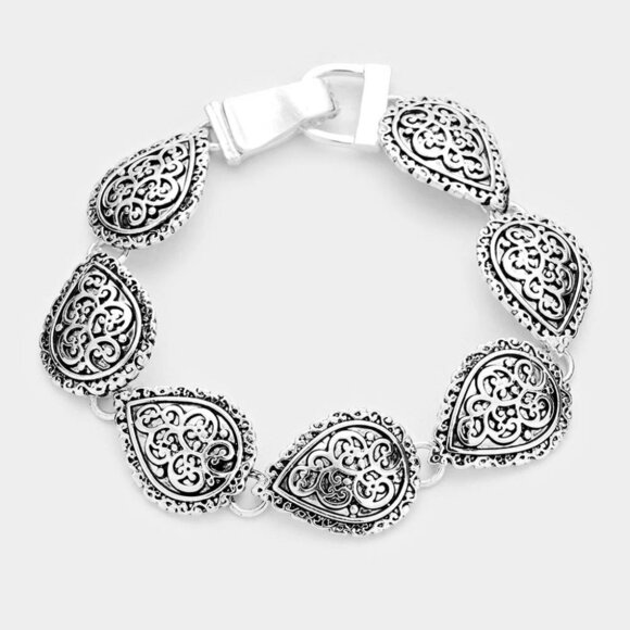 NWT‎ Embossed Antique Metal Teardrop Magnetic Link Bracelet - Picture 1 of 10